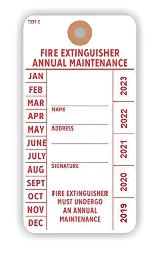 FIRE Extinguisher Annual Maintenance Tag, 5.75" x 3", Red on White 13 Pt Cardstock w Reinforced Hole - Pack of 25 Tags