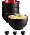 Kook Japanese Ceramic Noodle Bowl, Pho, Ramen, Deep Interior, Black and Red, Set of 4