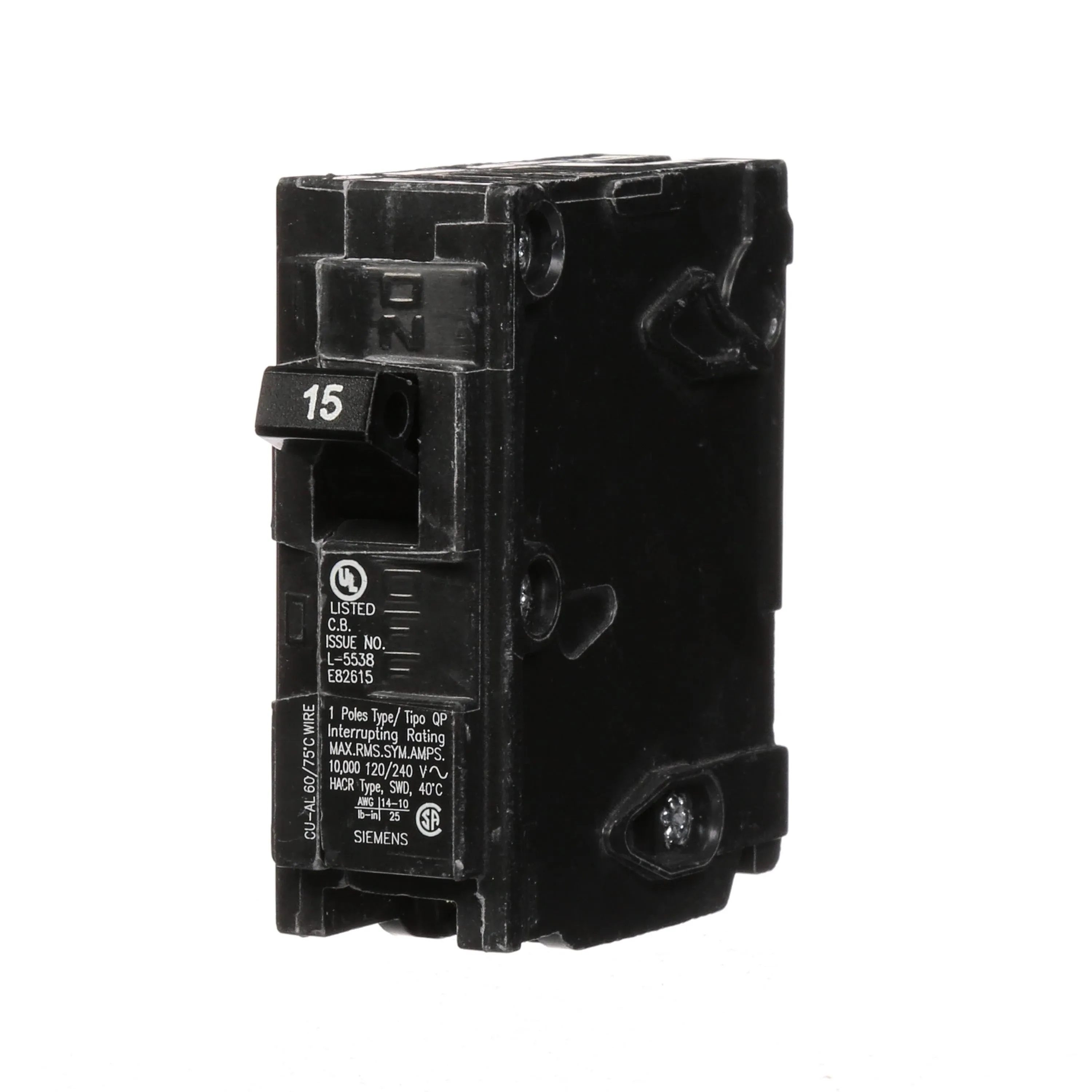 Miniature Circuit Breaker: 15 A Amps, 120V AC, 1 Poles, Std