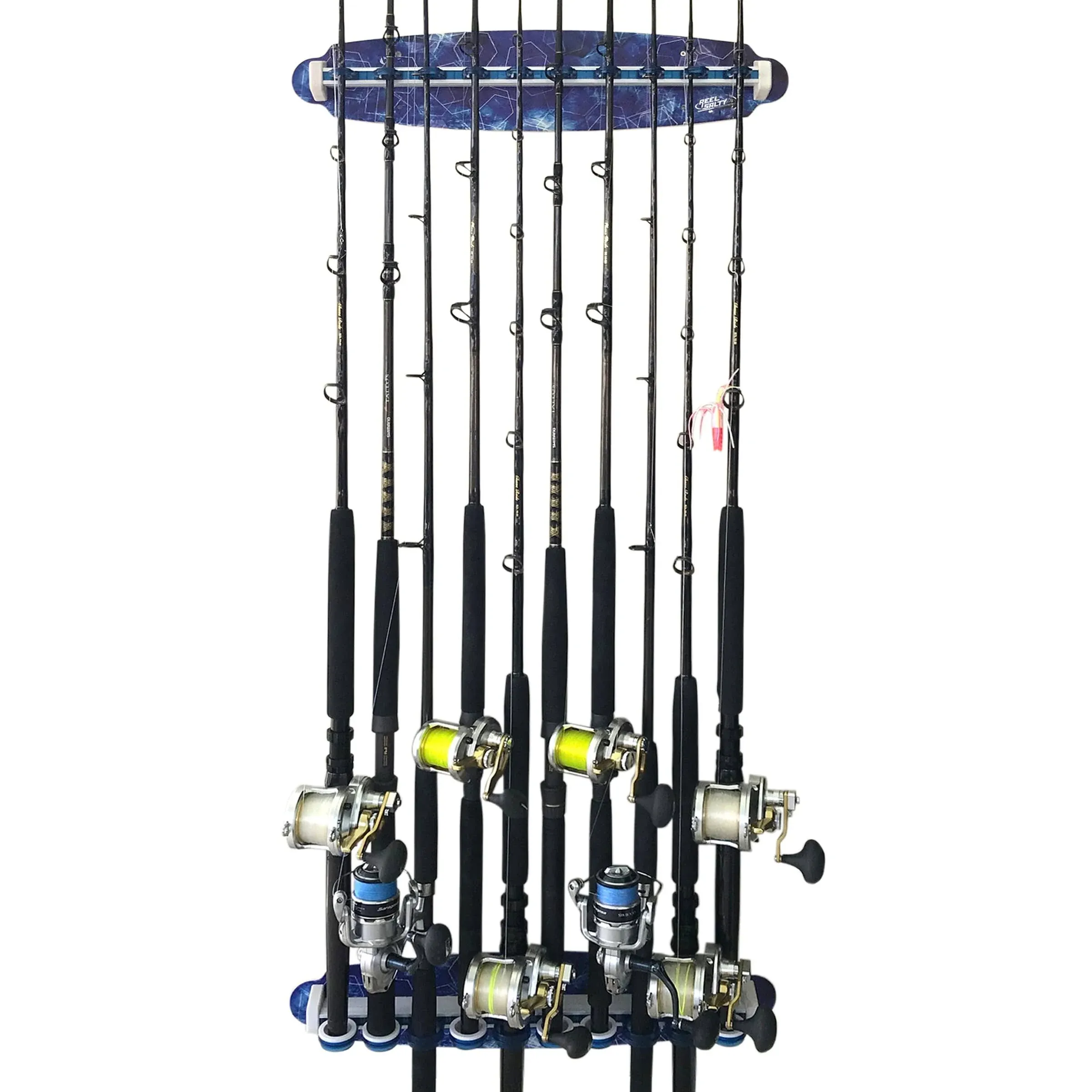 Rush Creek Creations Reel Salty Waterproof Offshore/Inshore Fishing Rod Holder for 10 Saltwater Fishing Poles + Fishing Gear & Fishing Accessories Perfect for Garage Organization & Wall Storage