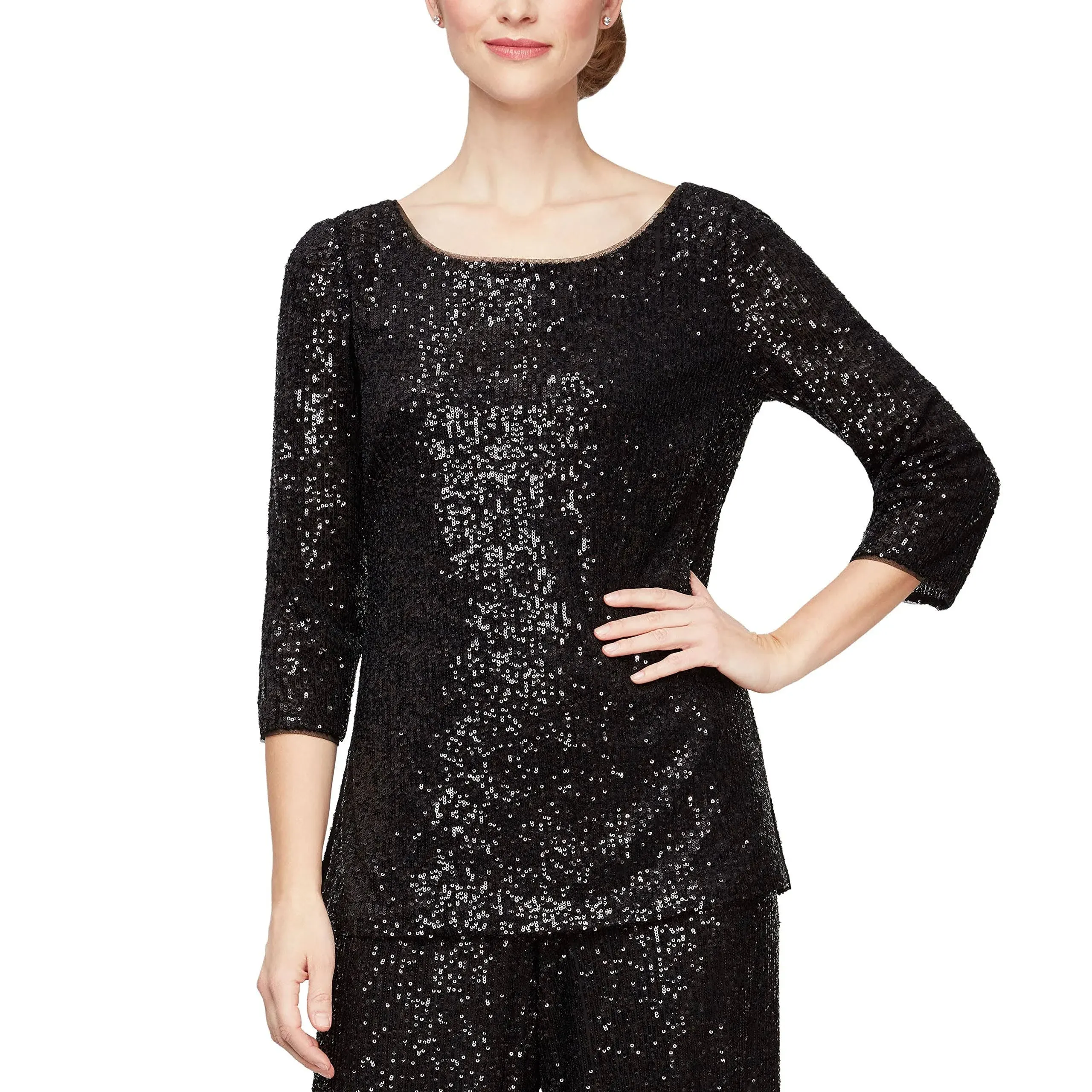 Alex Evenings 3/4 Sleeve Sequin Tunic Blouse with Side Slit Detail wedding