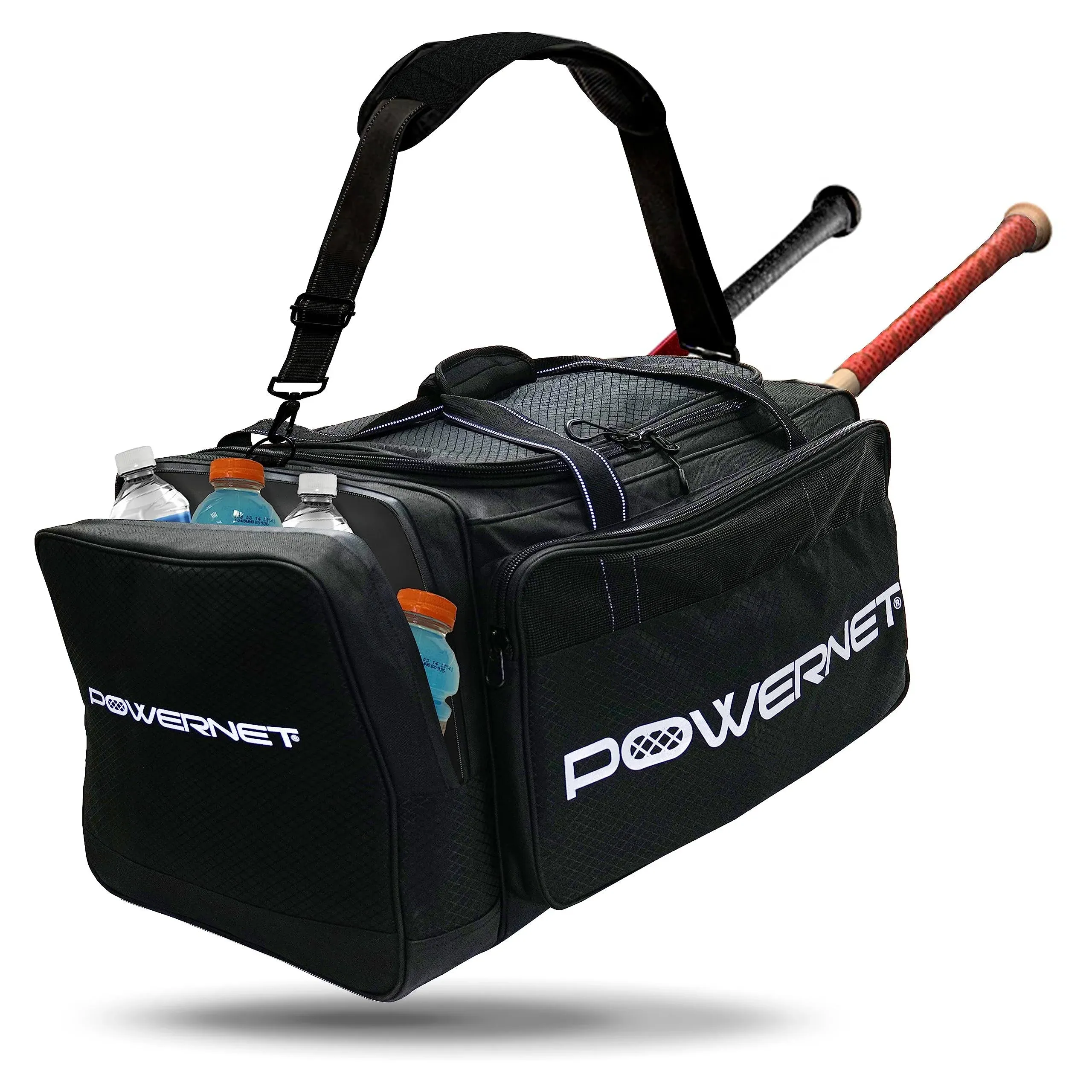 PowerNet Pro Duffle Bag | Baseball Softball Equipment Gear Dual Bat Carrier | Built-In Cooler Pocket | 2 Internal Bat Sleeves | Padded Shoulder Strap (Pro Duffle Bag | 1-Count)