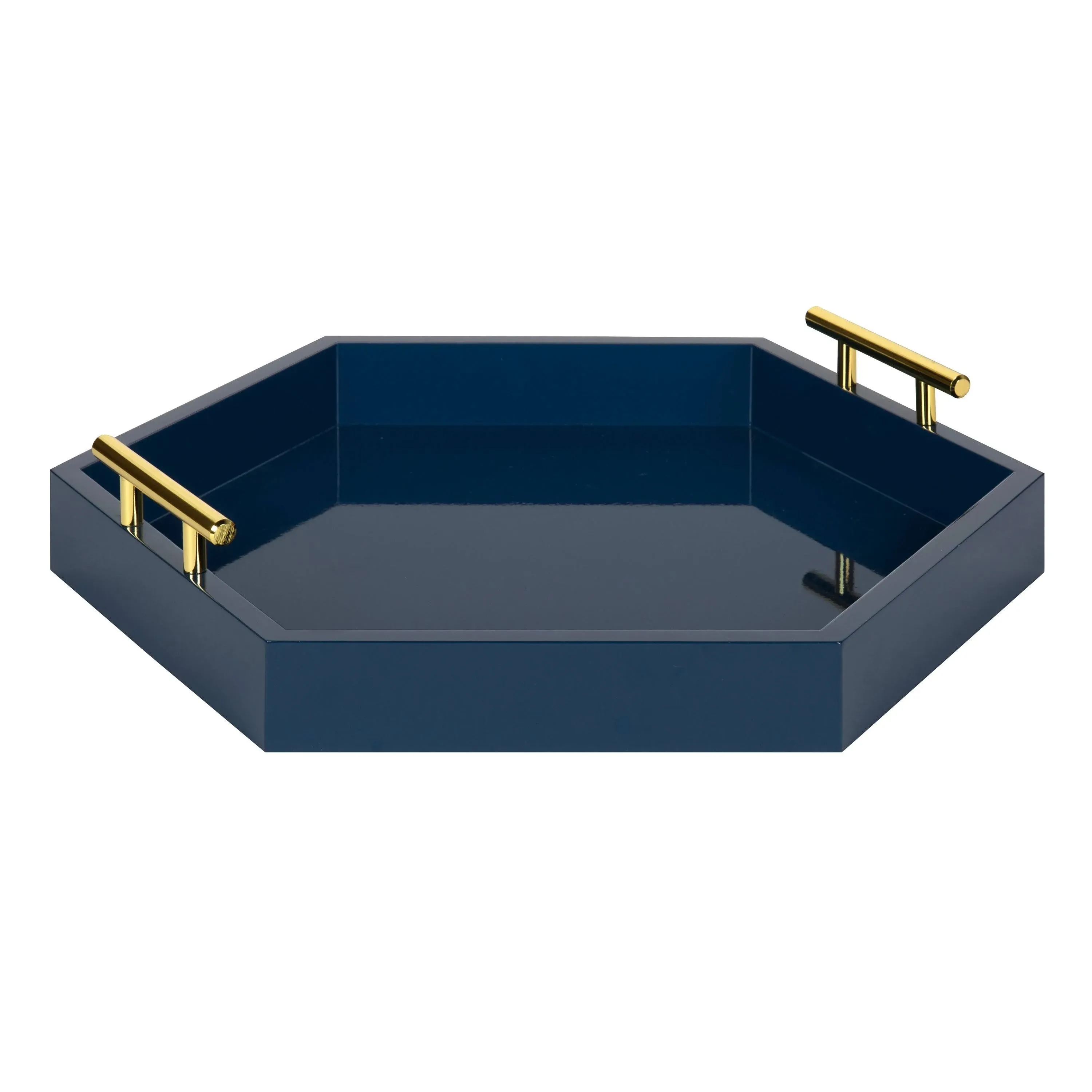 Kate and Laurel Lipton Hexagon Decorative Tray with Metal Handles - 18x18 - Navy Blue/Gold