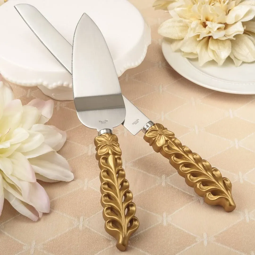 FASHIONCRAFT 2528 Gold Lattice Botanical Collection Stainless Cake Knife Set, One Set includes the Cake knife and Cake Server