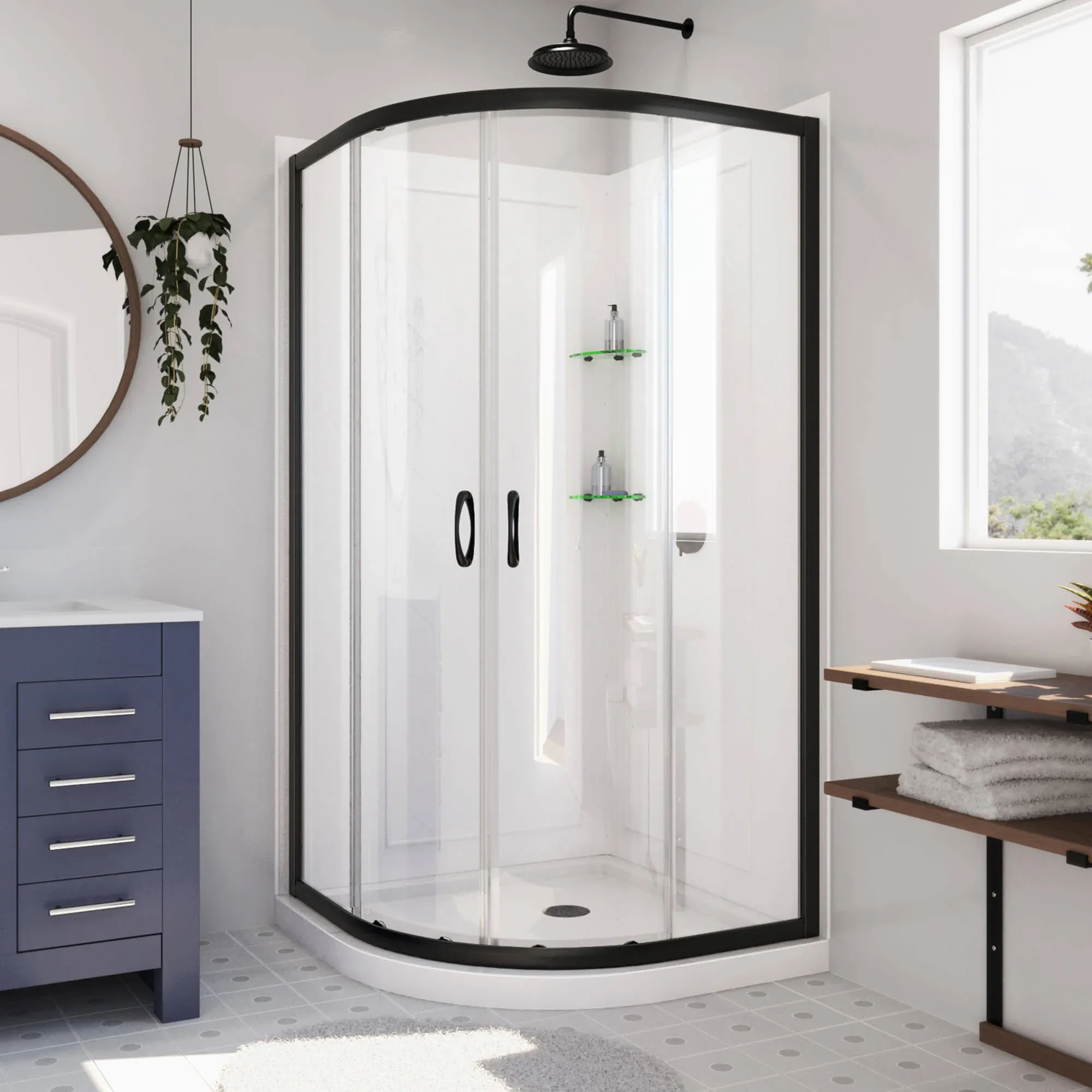 DreamLine Prime 33 in. x 76 3/4 in. Semi-Frameless Clear Glass Sliding Shower Enclosure in Satin Black with Base and Backwalls