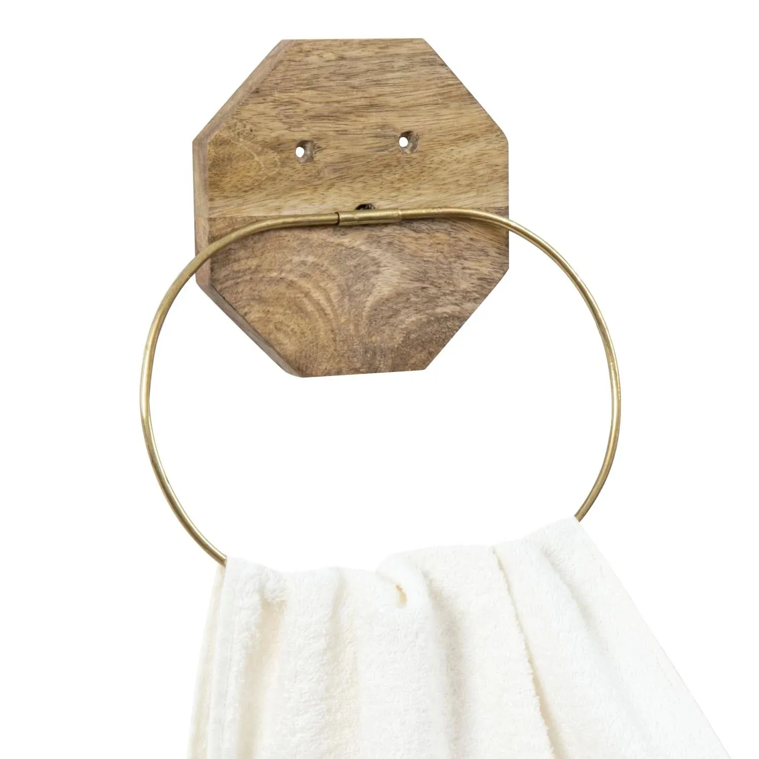 MyGift Modern Wall Mounted Solid Brass Oval Wire Towel Ring with Hexagon Mango Wood Backing for Bathroom Hand Towels or Kitchen Dish Cloths - Handcrafted in India