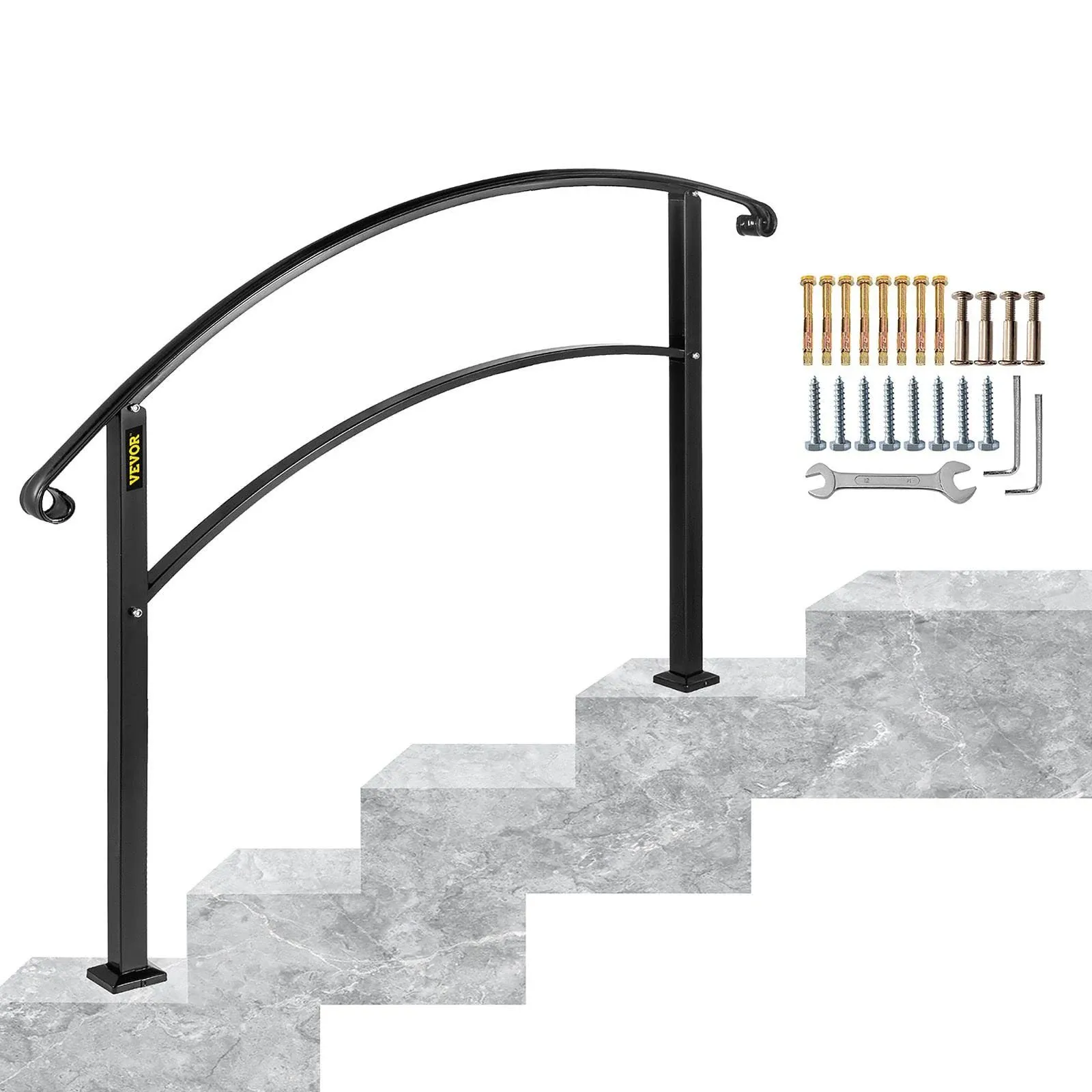 VEVOR 4-Step Handrail Fits 1 or 4 Steps Matte Black Stair Railing Wrought Iron ...