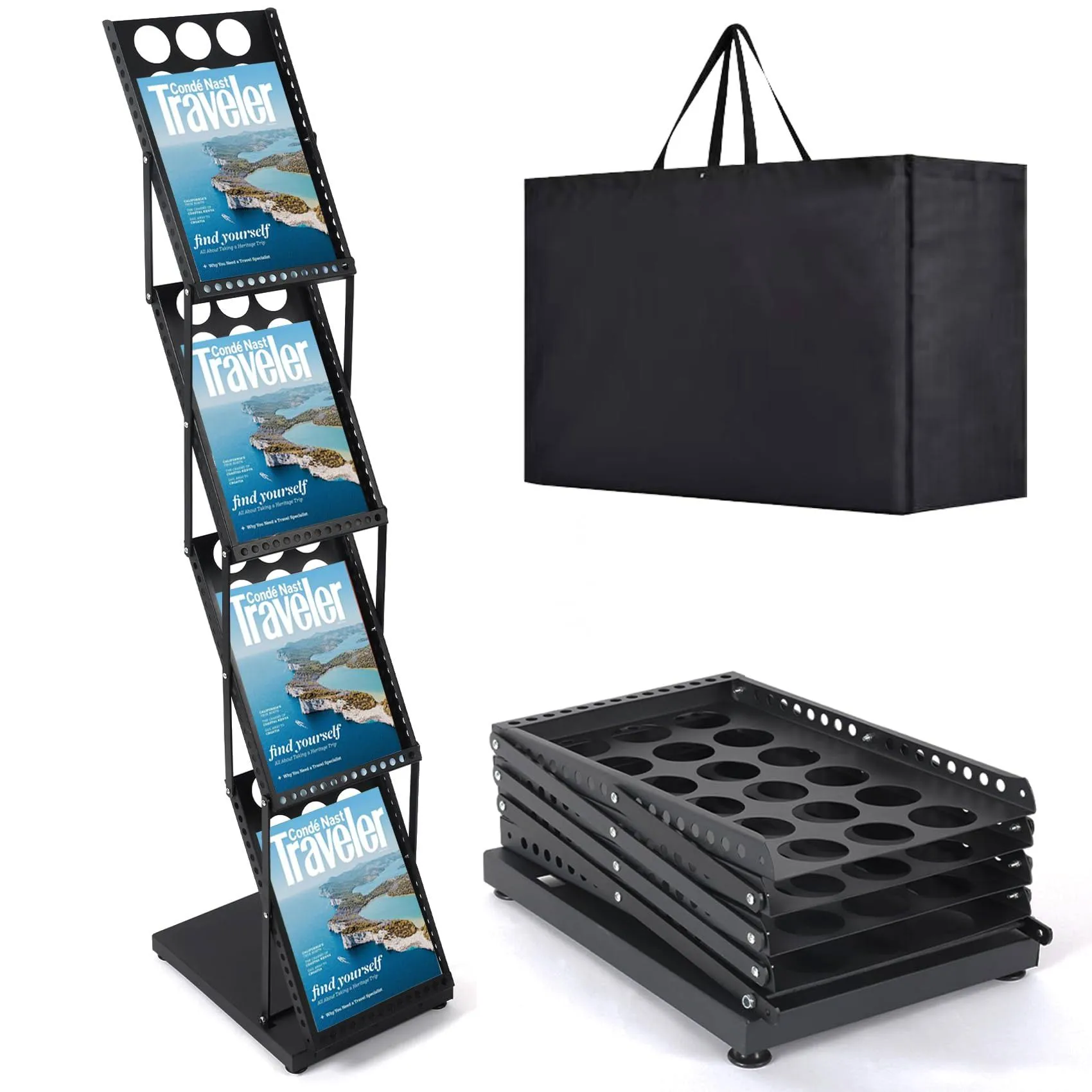 Literature Catalog Rack, Foldable Magazine Brochure Display Stand, Magazine Floor-Standing with Portable Oxford Bag, for Office Store and Exhibition Trade Show (4 Pockets, Black)