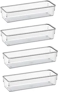 Acrimet Drawer Organizer Modular, Box Tray Storage Bins for Office, Home, Makeup, Kitchen, Junk Drawer ( 4 Pieces) (Clear Crystal Plastic)