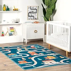 Zita Neighborhood Machine Washable Kids Blue Multi 7 ft. x 9 ft. Area Rug