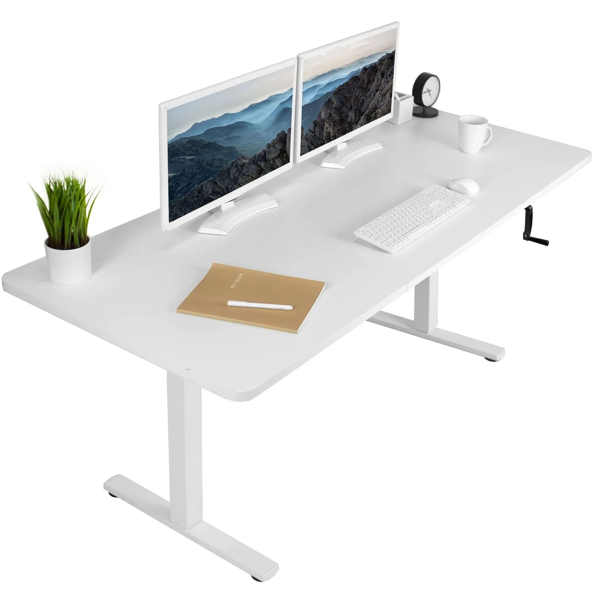 VIVO Manual Height Adjustable 71 x 30 inch Stand Up Desk, White Table Top, White Frame, Standing Workstation with Foldable Handle, DESK-KIT-MW7W