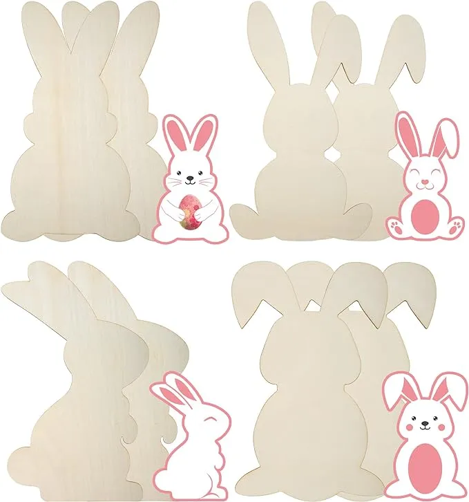 8 Pieces Large Easter Bunny Wood Cutout 10 x 6 Inch Unfinished Wooden Bunny S...