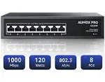 8 Port Gigabit PoE Switch,AUMOX PRO SG308P 8 Port Gigabit Ethernet Unmanaged PoE Switch 120W, Plug and Play,Sturdy Metal Fanless Network Switch 802.3af/at Compliant,Desktop or Wall Mount