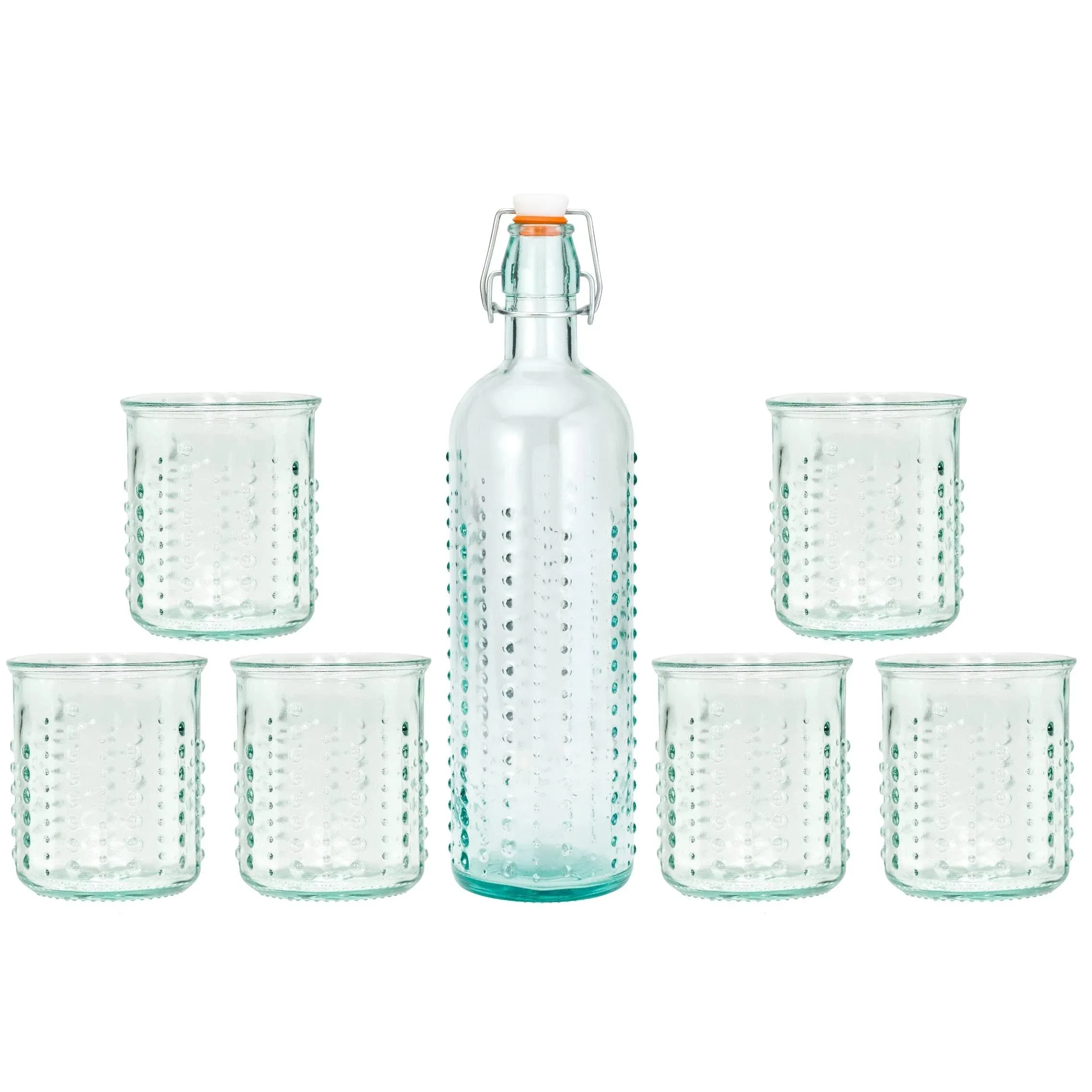 Amici Home Urchin DOF Glass and Bottle Set | 12 Oz Glasses & 34 Oz Bottle | Italian Made, Recycled Green Glass | Hobnail Drinkware for Water, Juice, Cocktails (Set of 6 Glasses & Bottle)