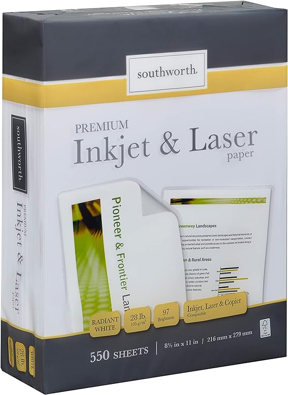 Southworth, Inkjet and Laser Paper, 28 lb, 8.5” x 11”, Radiant White, 550 Sheets