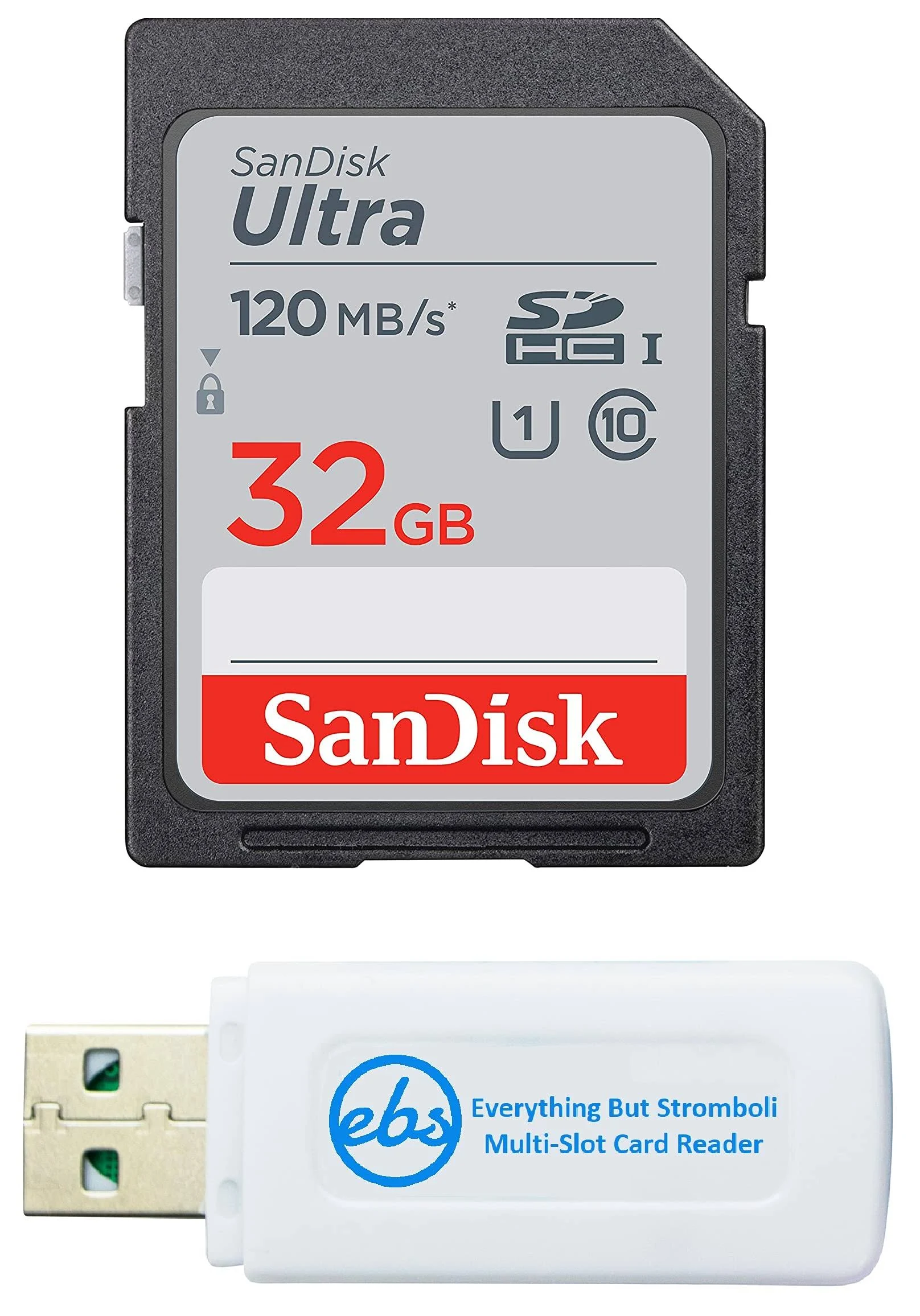 SanDisk 32GB SDHC SD Ultra Memory Card Works with Canon Powershot ELPH 360 HS, SX70 HS, SX620 HS Camera UHS-I (SDSDUN4-032G-GN6IN) Bundle with (1) Everything But Stromboli Combo Card Reader