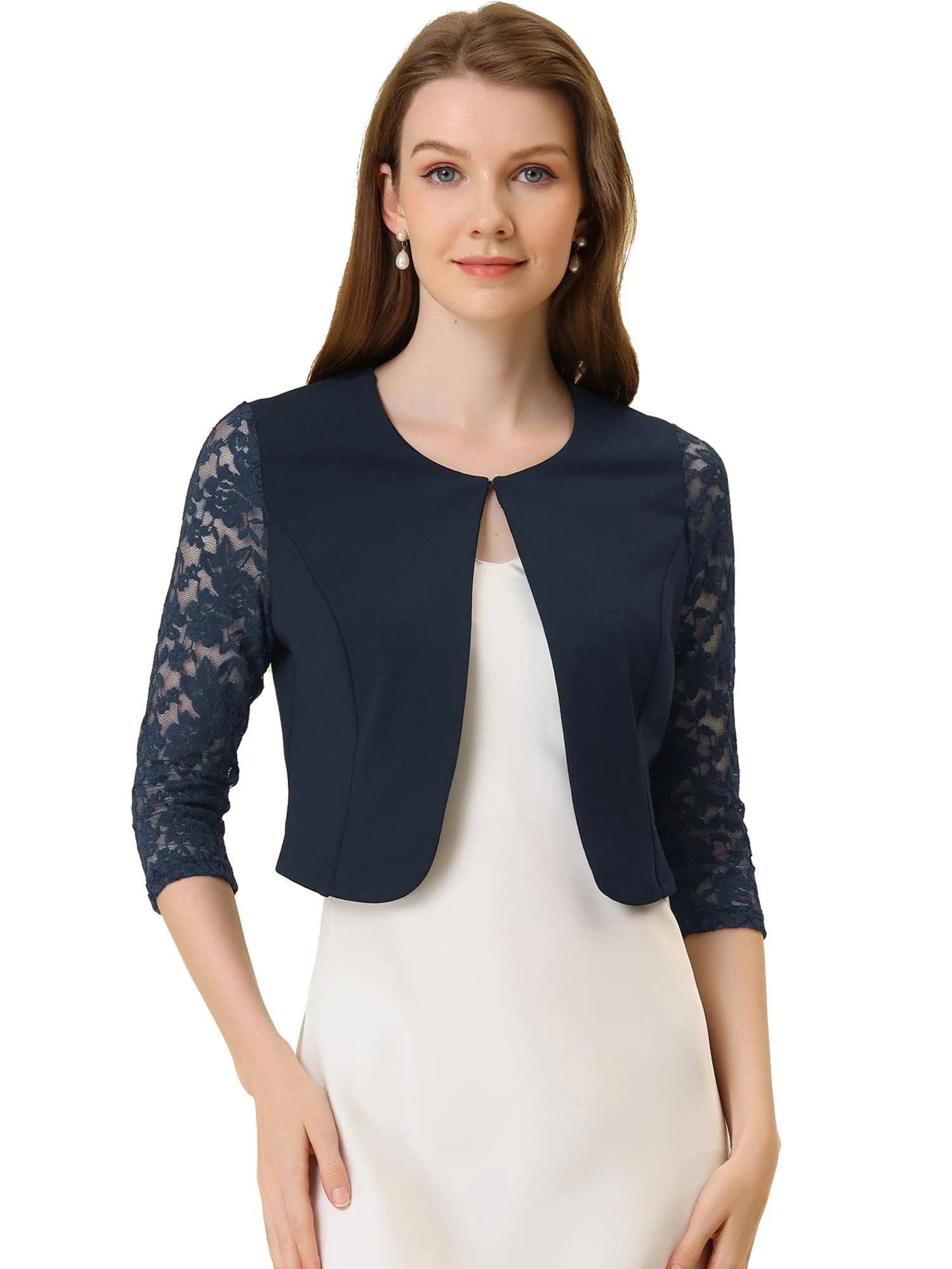 Allegra K Women's 3/4 Sleeve Floral Lace Shrug Top Open Front Work Office Bolero Cardigan