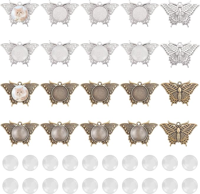 PH PandaHall 40pcs Butterfly Pendant Trays Blank Bezel 20pcs Animal Photo Charm Base and 20pcs Glass Cabochon Dome Tiles for Spring Wedding Bouquet Photo Bridal Backpack Charm Antique Bronze Silver