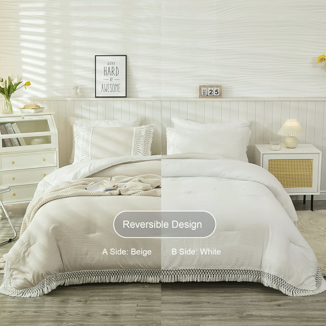 Move Over Beige White Comforter Set Queen Boho Bedding Set White Lattice Tassel Pattern Farmhouse Microfiber Filling