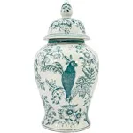 Galt International Dark Teal Parrot Floral Chinoiserie Ceramic Temple Jar 18&#034;...