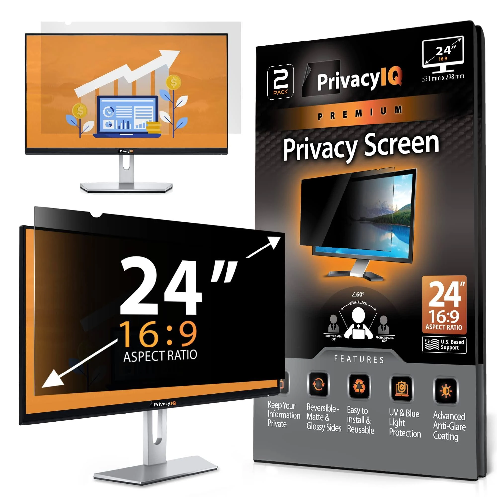 Privacy IQ 24" Inch 16:9 (2 Pack) Monitor Privacy Screen-Filter for 60 Degree Privacy, Advanced Anti-Glare, UV Light Reduction & Blue Light Filter