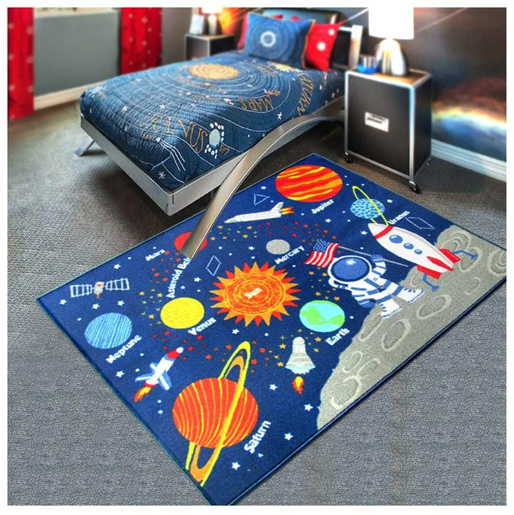 Outer Space Kids Play Area Rug, Solar System Carpet, Galaxy Planets Stars Play Mat Rug for Boys Girls, Home Decor, Educational Learning Game Area Rug Carpet, for Kids Bedroom Playroom