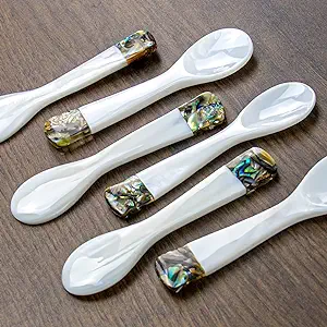 DUEBEL Set of 6 Mother of Pearl MOP Caviar Spoons with Green Abalone Decoration for Caviar, Egg, Icecream, Coffee Serving (White, 9x2.4cm)