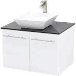 Wall Mount Floating Bathroom Vanity Sink Set, White Embossed Texture Vanity, Black Flat Stone Countertop Ceramic Sink - 30"