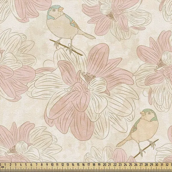 Ambesonne Botanical Fabric by The Yard, Birds on Branches and Blooming Vintage Flowers, Decorative Fabric for Upholstery and Home Accents, 1 Yard, Blush Peach