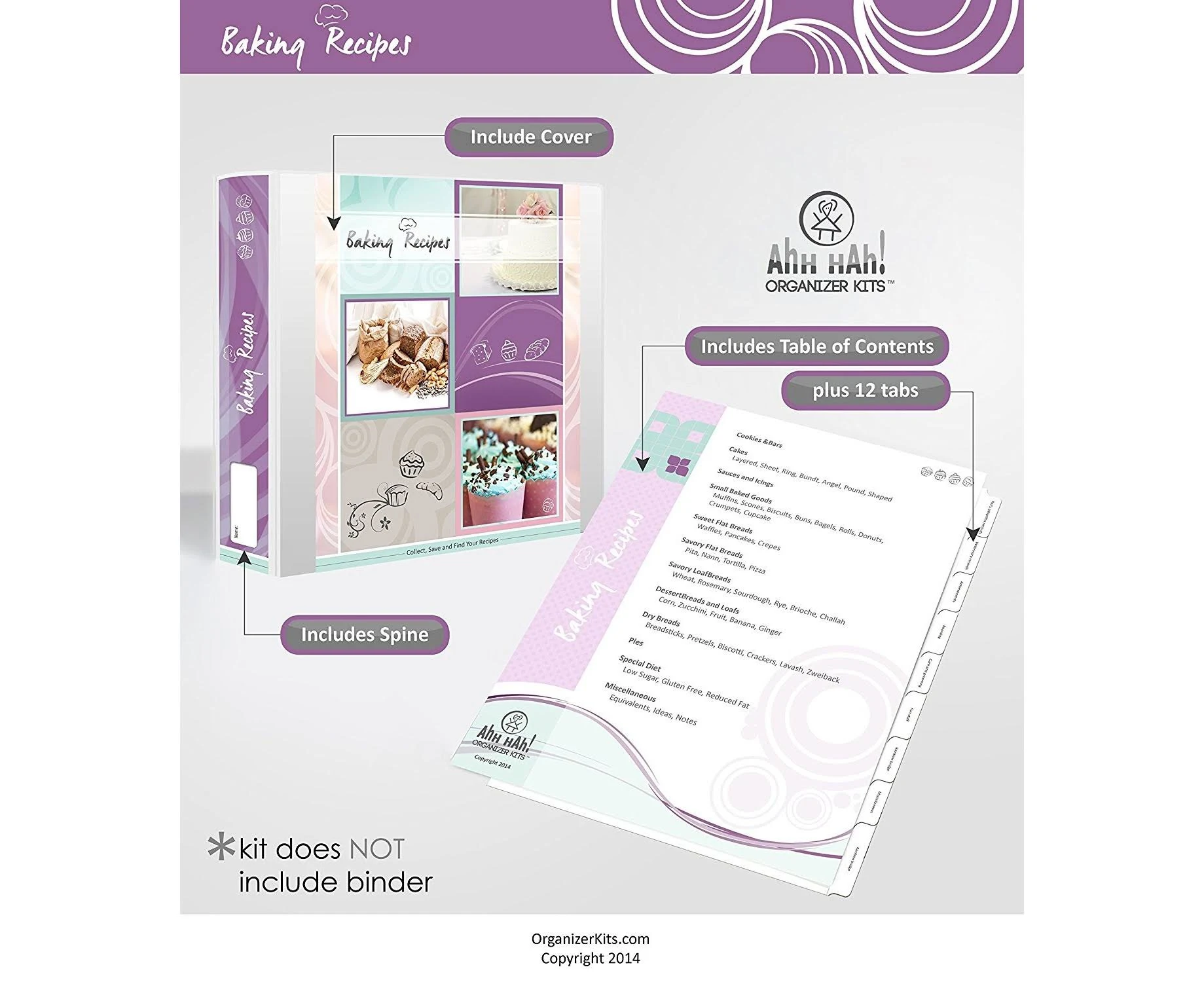 Baker's Recipe Organizer Kit: Long Index Tabs for Three-Ring Binder with Cover