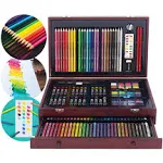 Art 101 Doodle and Color 142 Pc Art Set in a Wood Carrying Case, Includes 24 Premium Colored Pencils, A variety of coloring and painting mediums: