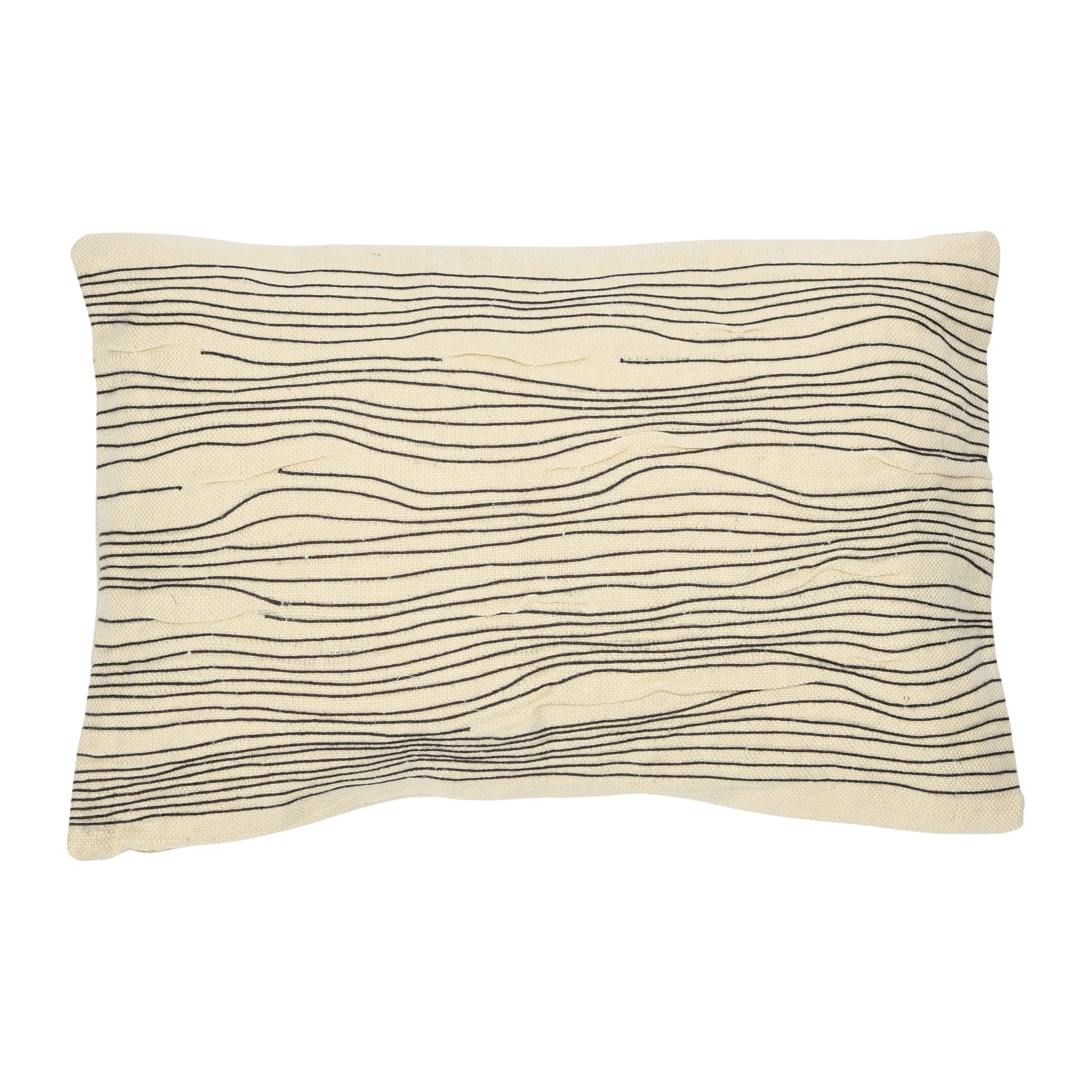 Creative Co-Op Cotton and Jute Lumbar Embroidered Lines Pillow, 24" L x 16" W x 2" H, Cream