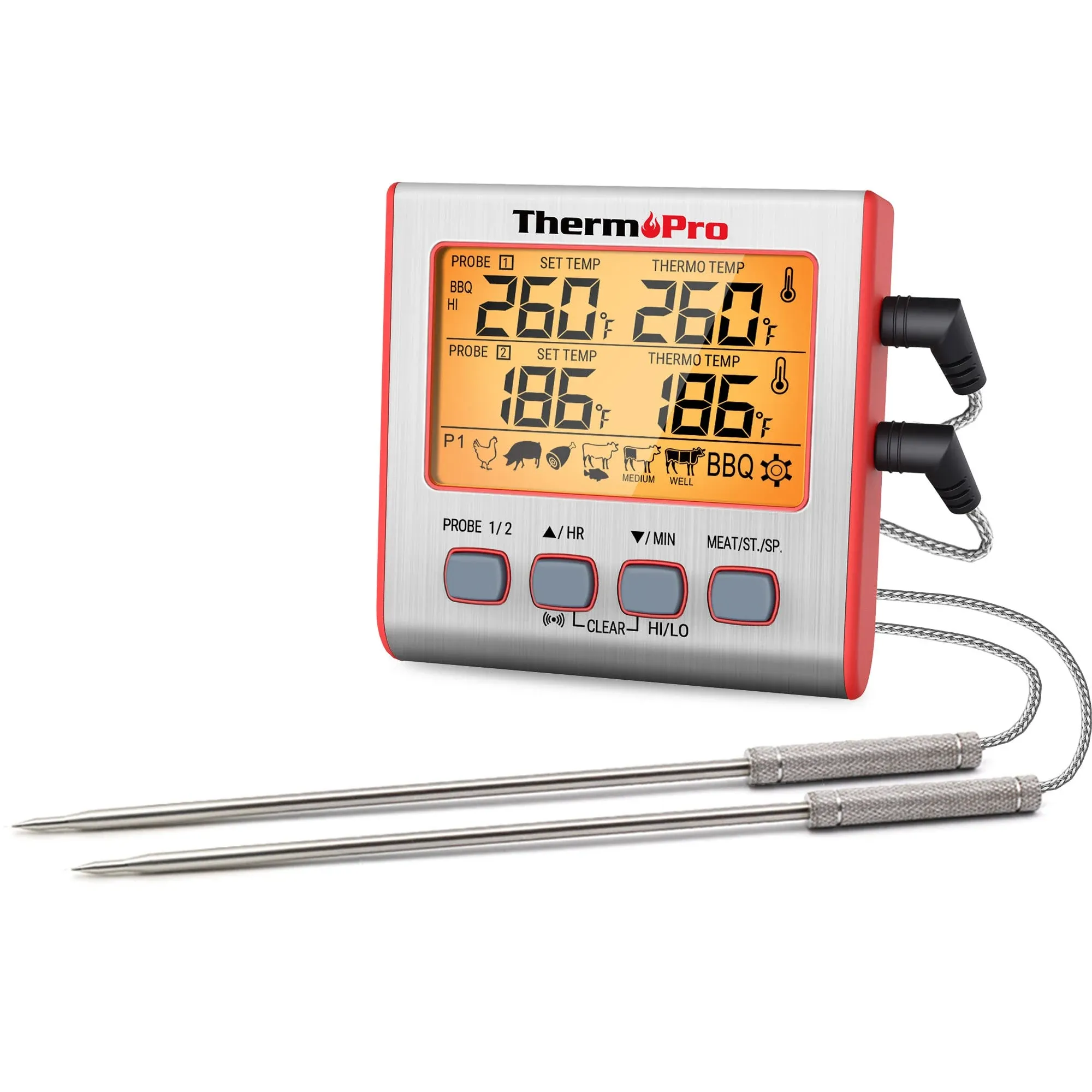 ThermoPro Digital Meat Thermometer with Dual Probes and Timer Mode Grill Smoker ...