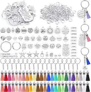 350Pcs Motivational Keychain Accessories Set with 50 Engraved Inspirational Words Charms, 50 Leather Keychain Tassels, 50 Keyring with Chain, 200 Open Jump Rings for Keychain Making, DIY Crafting