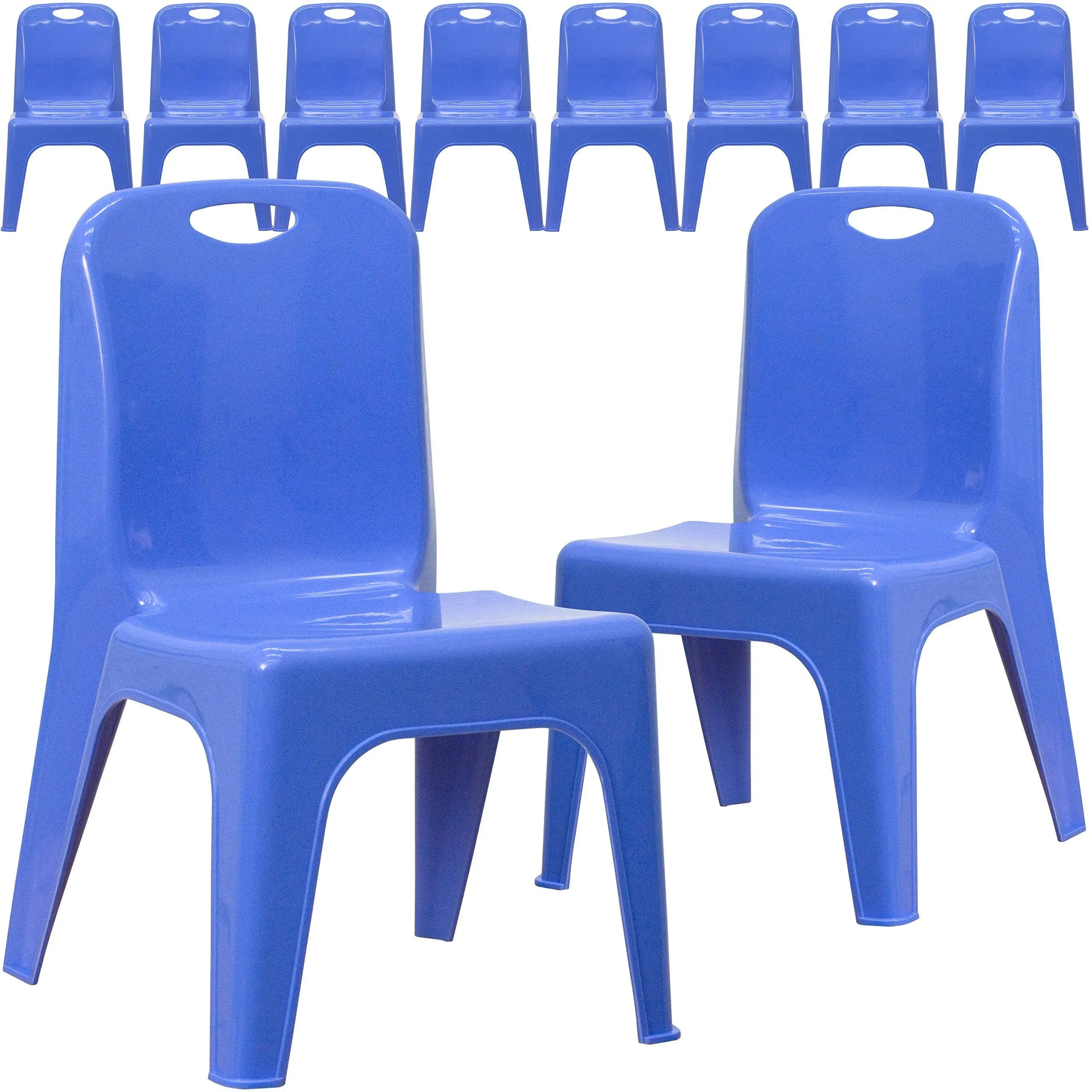 Flash Furniture Whitney 10 Pack Blue Plastic Stackable School Chair with Carrying Handle and 11'' Seat Height