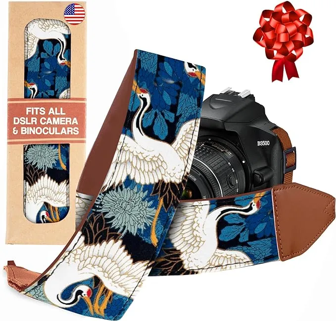 Art Tribute Camera Strap for All DSLR and Mirrorless Cameras. Universal Neck, Crossbody & Shoulder Strap, Blue Crane Gold Foil Vintage Floral Pattern, Gift for Men & Women Photographers