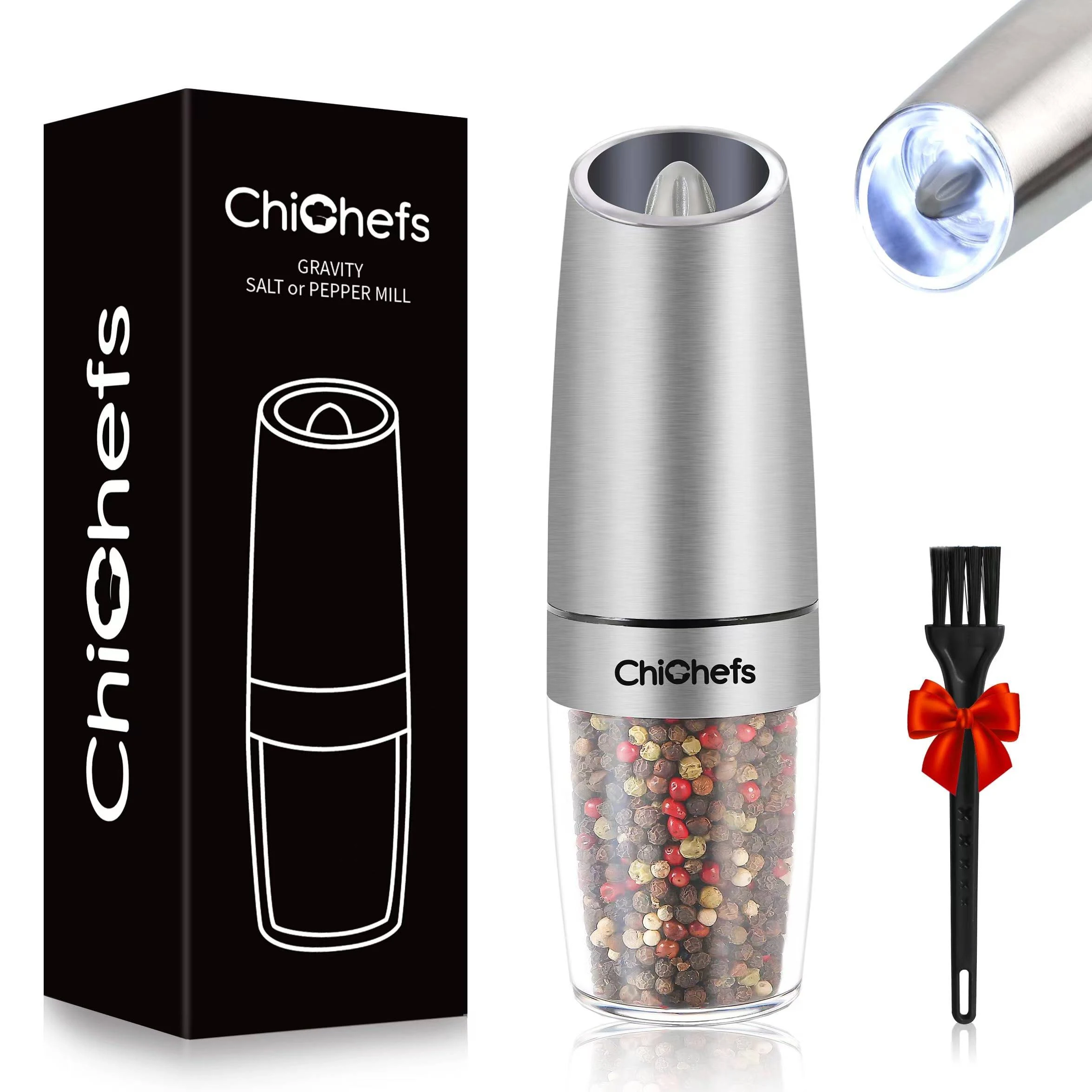 Electric Gravity Pepper Grinder or Salt Grinder Mill, Automatic Pepper Mill, Battery Operated with White LED Light, One Handed Operation, Adjustable Coarseness, Stainless Steel