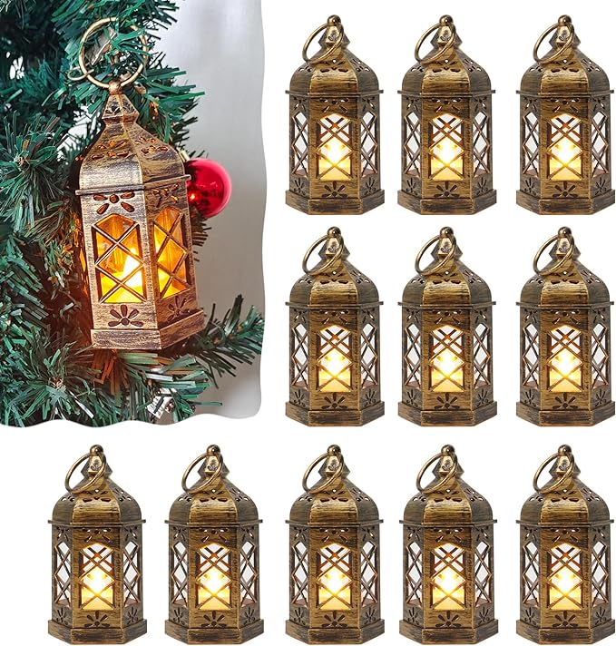 12-Pack Mini Lanterns, LED Small Candle Lanterns Decorative, Tea Light Lantern Decoration, Black Hanging Decorative Lantern, Table Centerpiece for Wedding Xmas Ramadan Decor, Battery Included