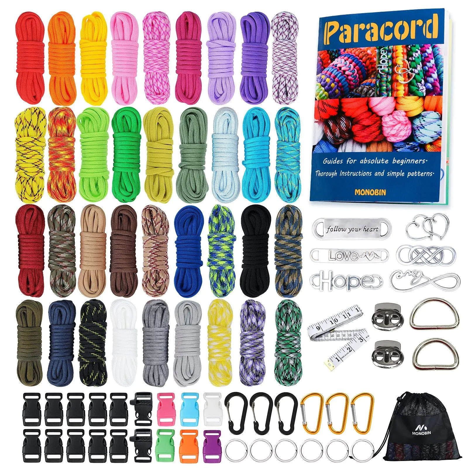 MONOBIN Paracord, 550 Paracord Combo Kit with Instruction Book - 36 Colors Multifunction Paracord Ropes and Complete Accessories for Making Paracord Bracelets, Lanyards, Dog Collars