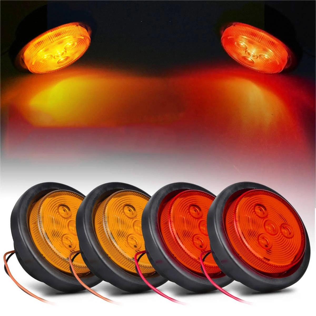 Partsam 2 Amber + 2 Red Truck Trailer 2.5" Round Side Marker Led Clearance Light 4LED 12V, 2.5 Inch Round Led Marker Lights, 2.5 Round Led Clearance Lights, 2.5 Inch Round Led Flush Mount Lights