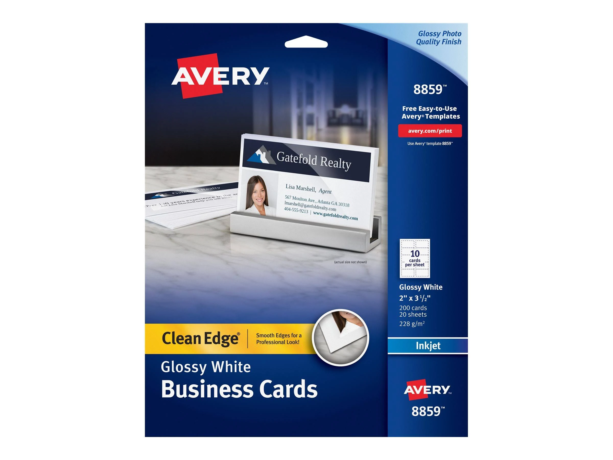 Avery Clean Edge Business Cards, Inkjet, 2 x 3 1/2, Glossy White, 200/Pack