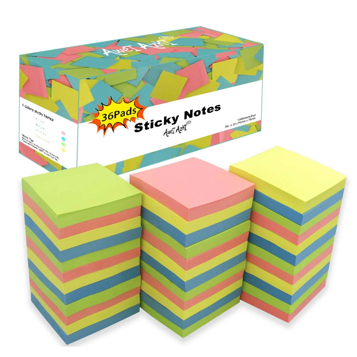 36-Pack 3x3 Sticky Notes, Assorted Colors, 100 Sheets/Pad