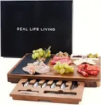 Real Life Living Premium Rectangular Charcuterie Board Set, Acacia Wood, Brown ...