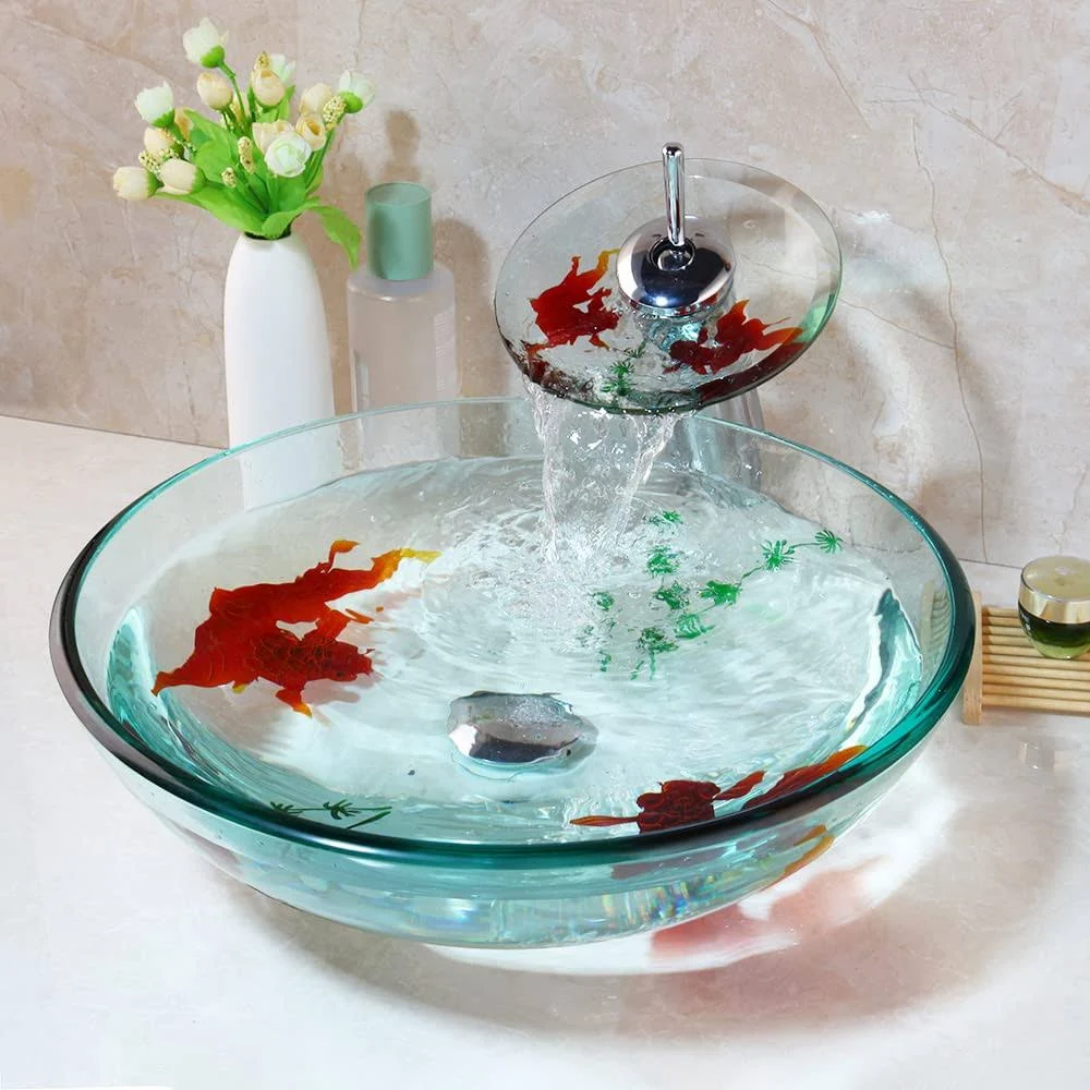 Bathroom Art Hand Painting Gold Fish Glass Basin Vanity Vessel Sink Bowl Tap+Wat