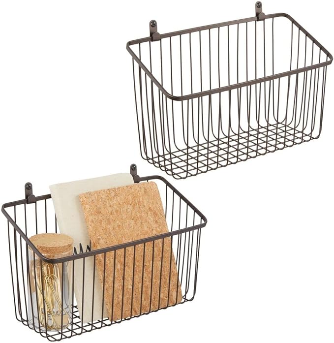 mDesign Small Metal Wire Wall Mounted Storage Organizer Basket Bin for Hanging in Kitchen, Garage, Entryway, Mudroom, Bedroom, Bathroom, Laundry Room - Unity Collection - 2 Pack - Bronze