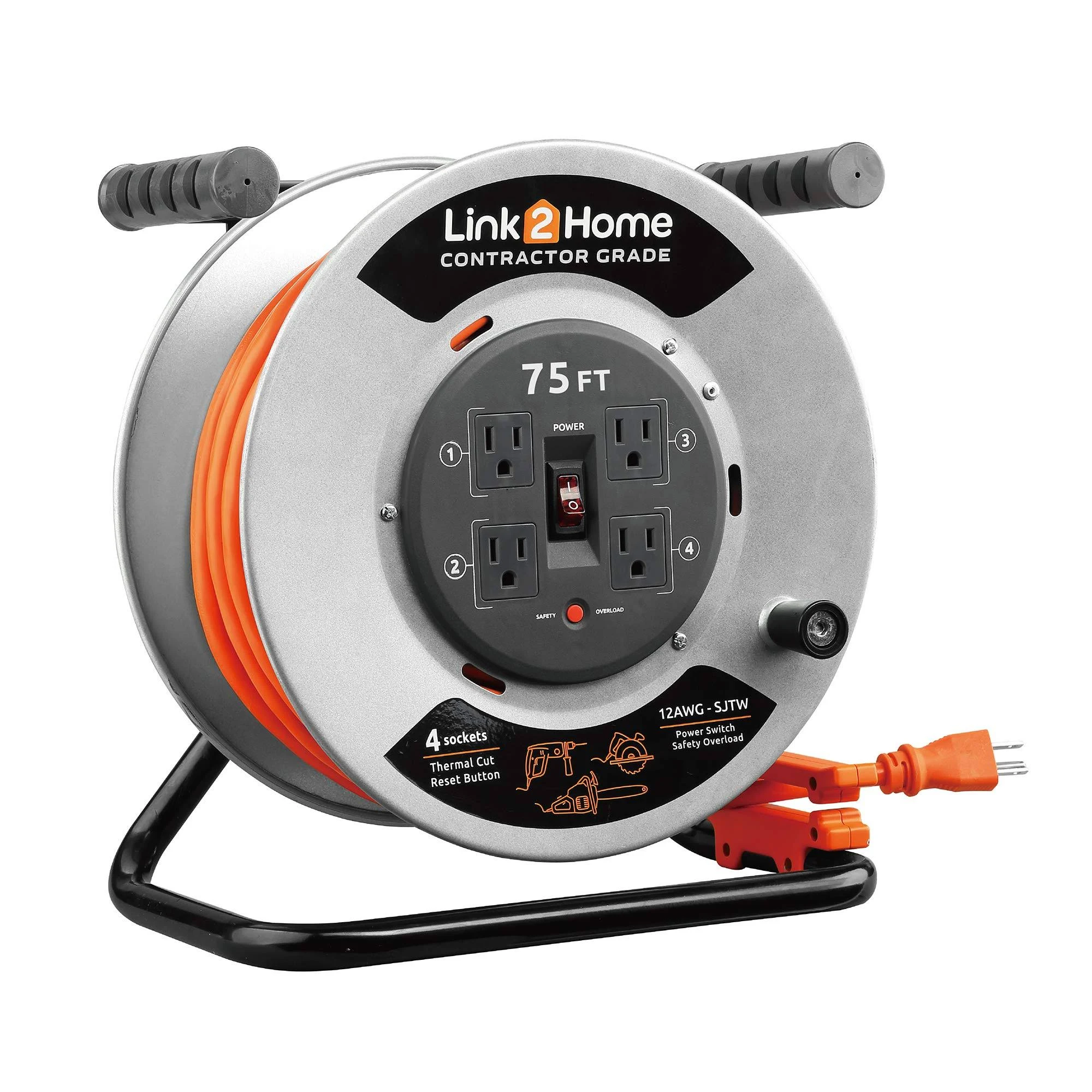 Link2Home 75 ft. 12/3 Extension Cord Storage Reel with 4 Grounded Outlets