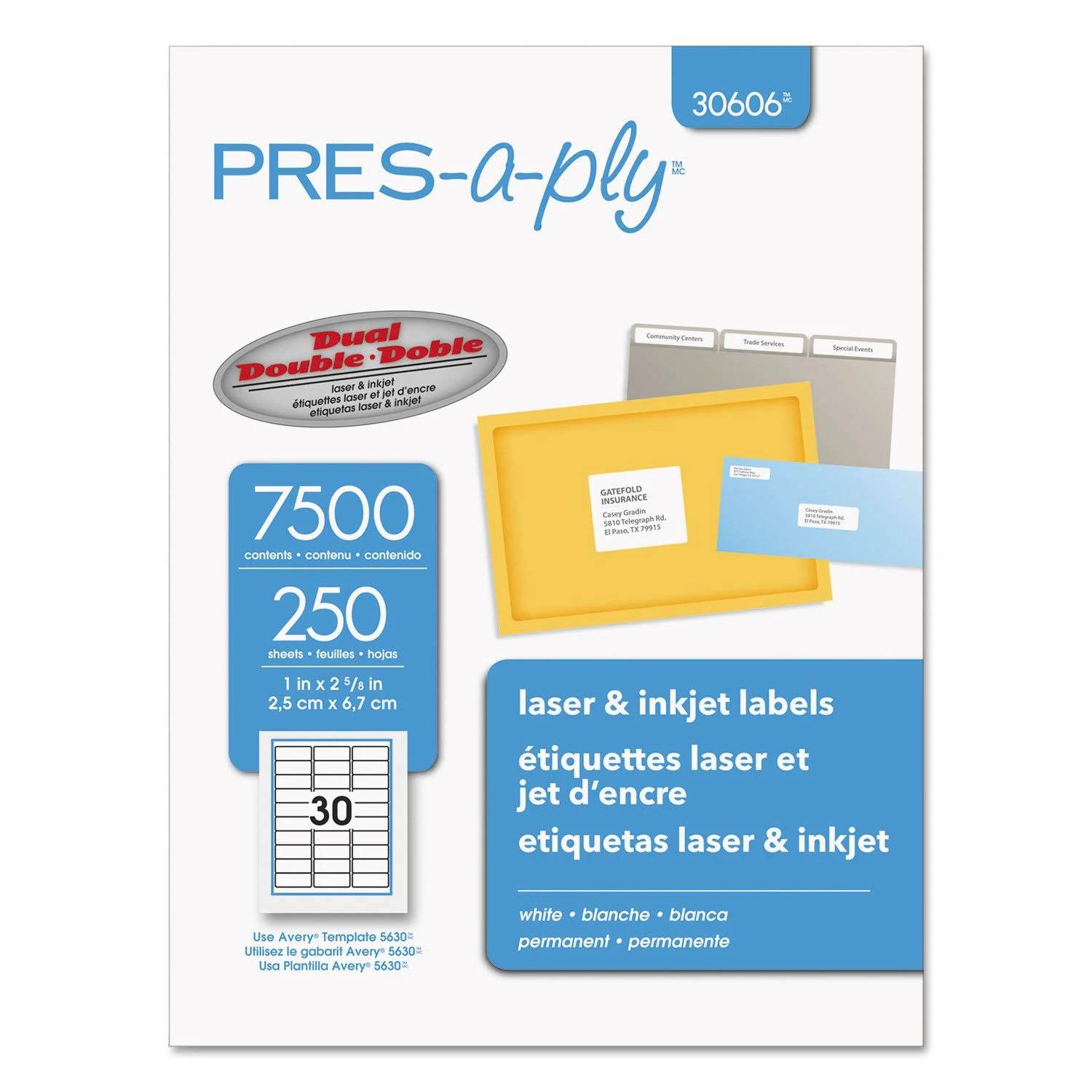 Avery� Pres-A-Ply Laser Address Labels, 1 x 2-5/8, White, 7500/Box AVE30606