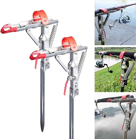 2 Packs Auto Spring Fishing Rod Holder Heavy Duty Stainless Steel Rod Stand 360 Degree Adjustable Fishing Rod Rack Stand