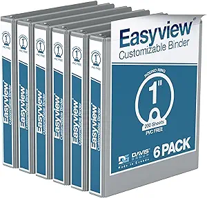 EasyView Premium 1-Inch Binders with Clear-View Covers, 3-Ring Binders for School, Office, or Home, Colored Binder Notebooks, Pack of 6, Round Ring, Gray