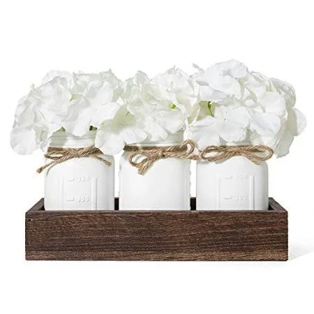 Mkono Mason Jar Centerpiece Decorative Wood Tray with 3 Painted Jars Artificial Flowers Rustic Country Farmhouse Fall Decor for Coffee Table Dining Room Living Room Kitchen